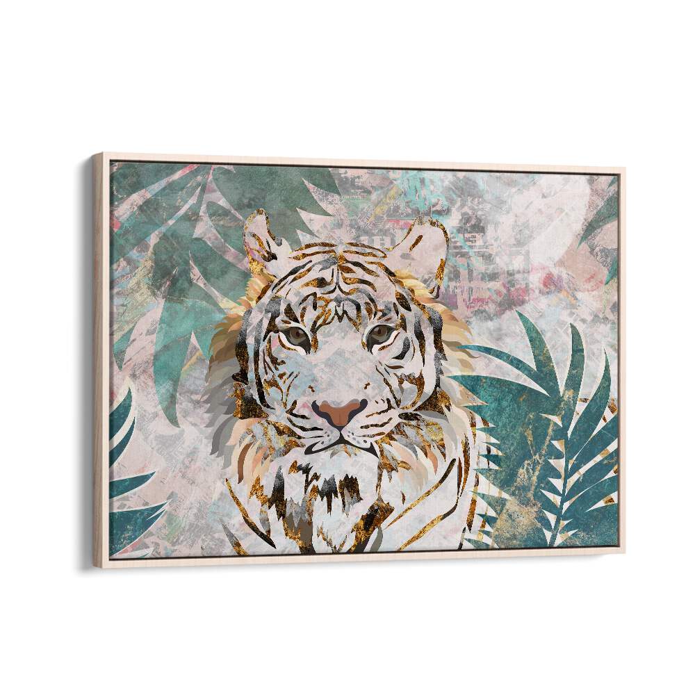 Tiger Grunge Tropical Palm Wall Mural By Sarah Manovski Wildlife Art Print in Oak Wood Floater Frame