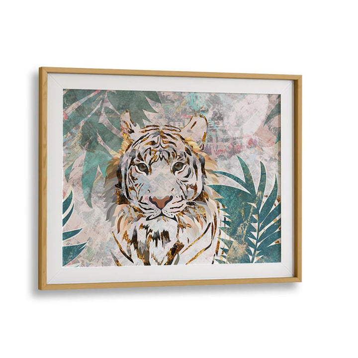 Tiger Grunge Tropical Palm Wall Mural By Sarah Manovski Wildlife Art Print in Oak Wood Frame With Mount