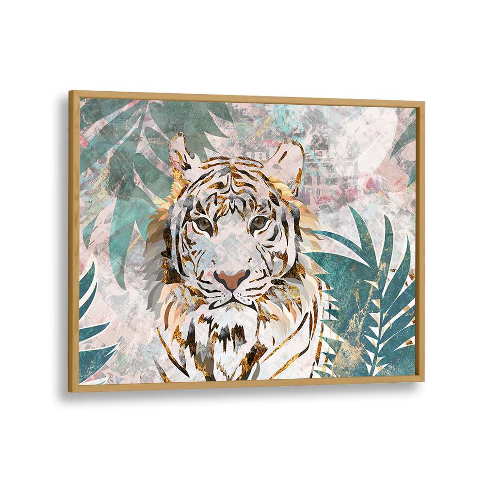 Tiger Grunge Tropical Palm Wall Mural By Sarah Manovski Wildlife Art Print in Oak Wood Plain Frame