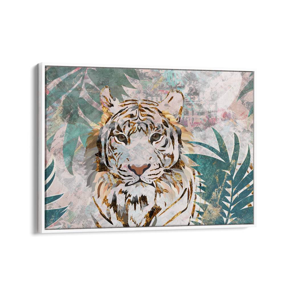 Tiger Grunge Tropical Palm Wall Mural By Sarah Manovski Wildlife Art Print in White Floater Frame