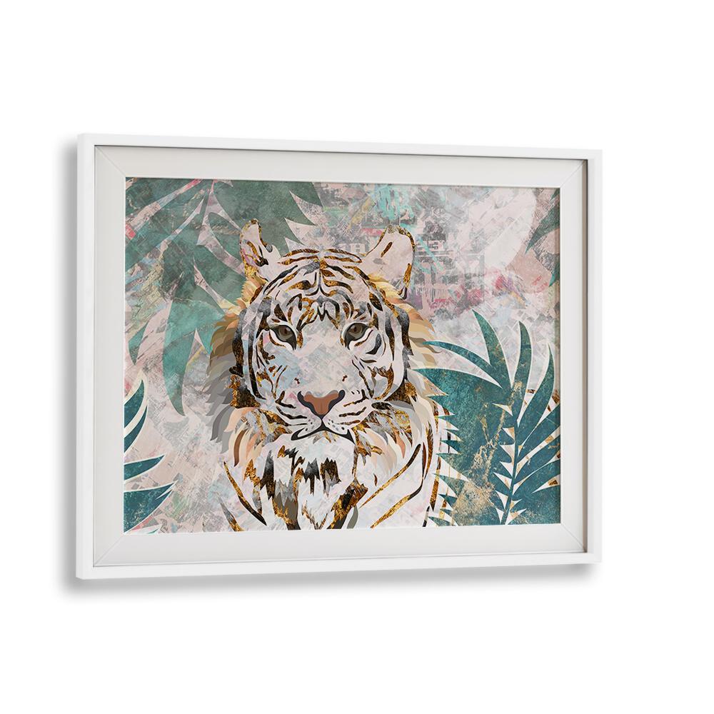 Tiger Grunge Tropical Palm Wall Mural By Sarah Manovski Wildlife Art Print in White Frame With Mount