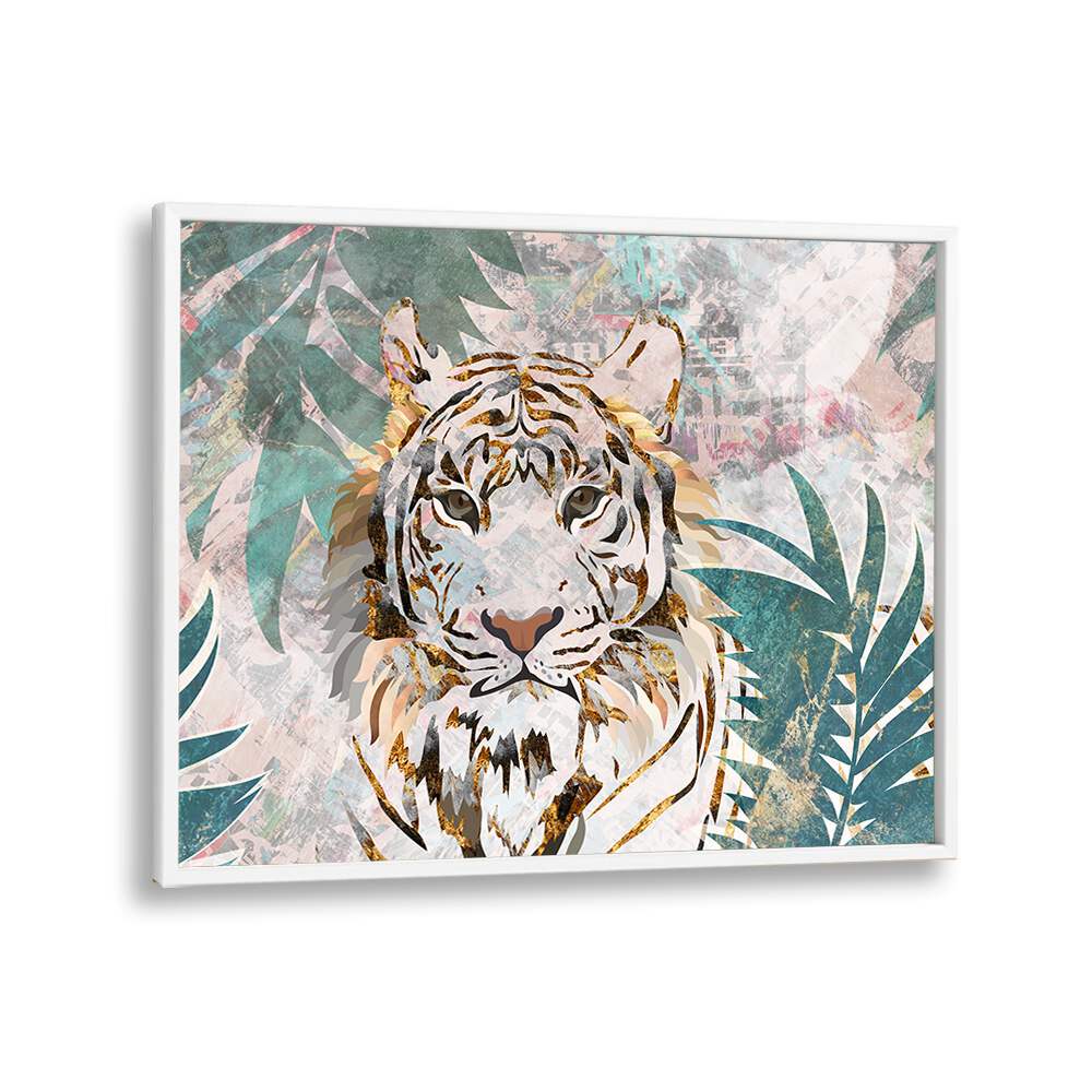 Tiger Grunge Tropical Palm Wall Mural By Sarah Manovski Wildlife Art Print in White Plain Frame