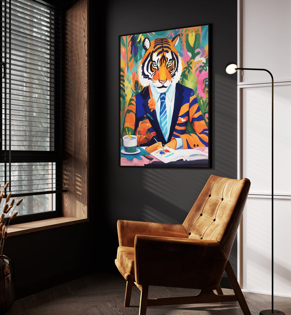 Tiger In A Suit By Uma Gokhale Wildlife Paintings in Black Plain Frame