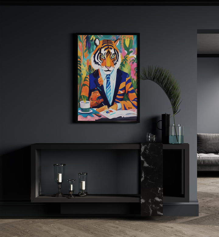 Tiger In A Suit By Uma Gokhale Wildlife Paintings in Black Plain Frame on a black wall above a console table