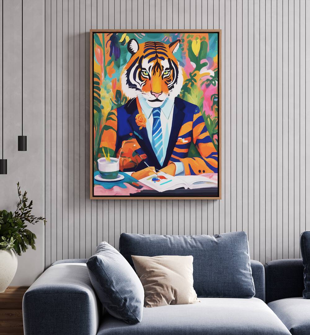 Tiger In A Suit By Uma Gokhale Wildlife Paintings in Oak Wood Floater Frame on a white wall beside a sofa