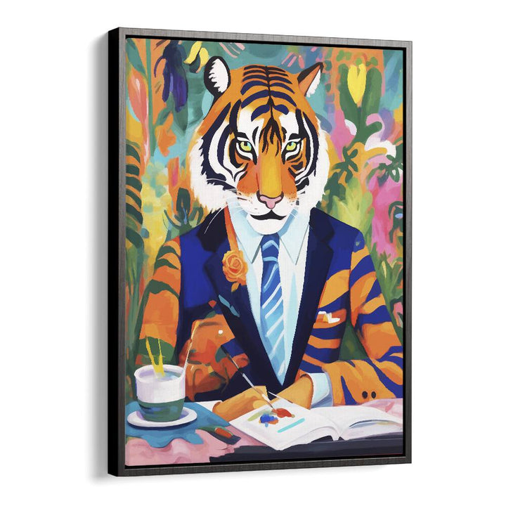 Tiger In A Suit By Uma Gokhale Wildlife Paintings in Black Floater Frame