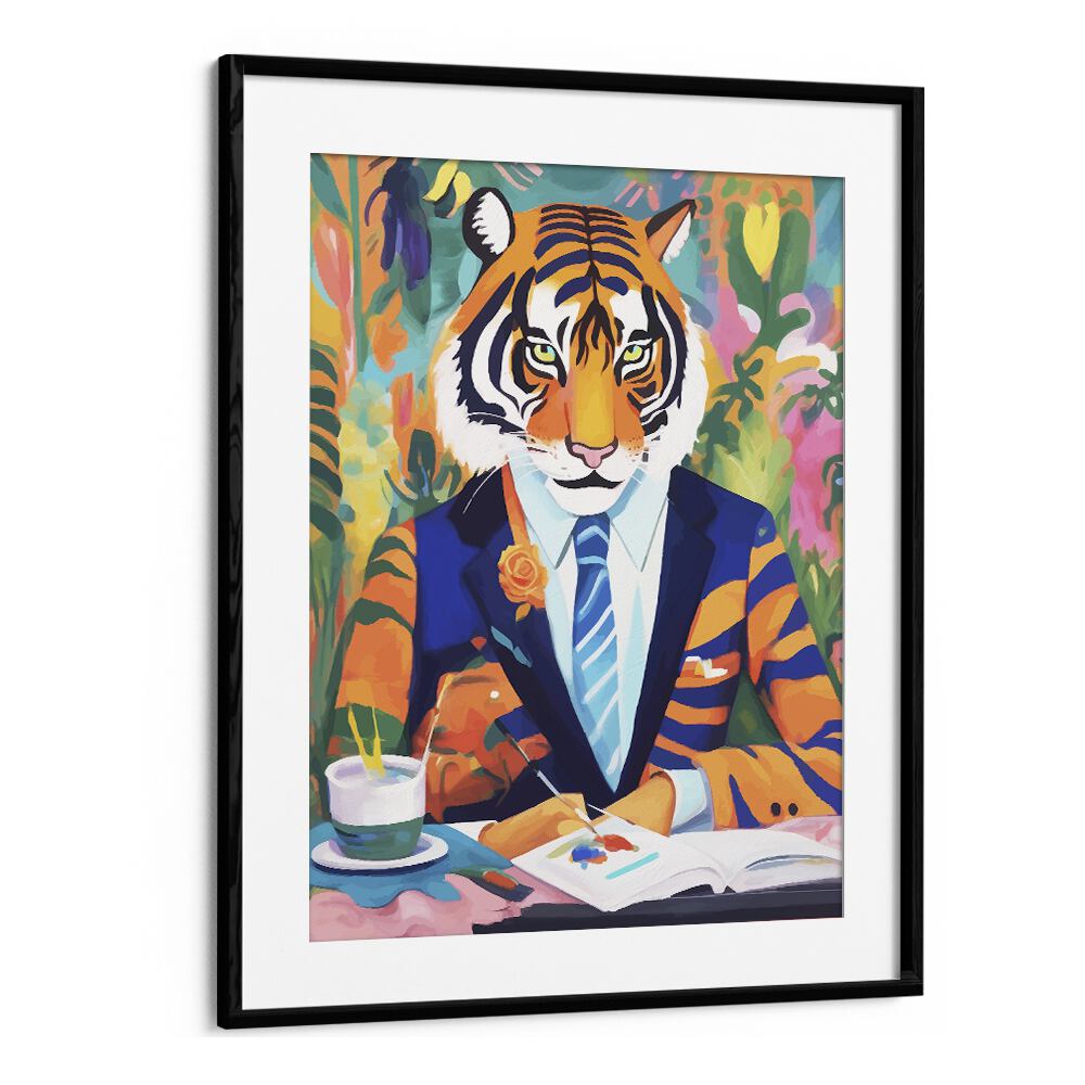 Tiger In A Suit By Uma Gokhale Wildlife Paintings in Black Frame With Mount