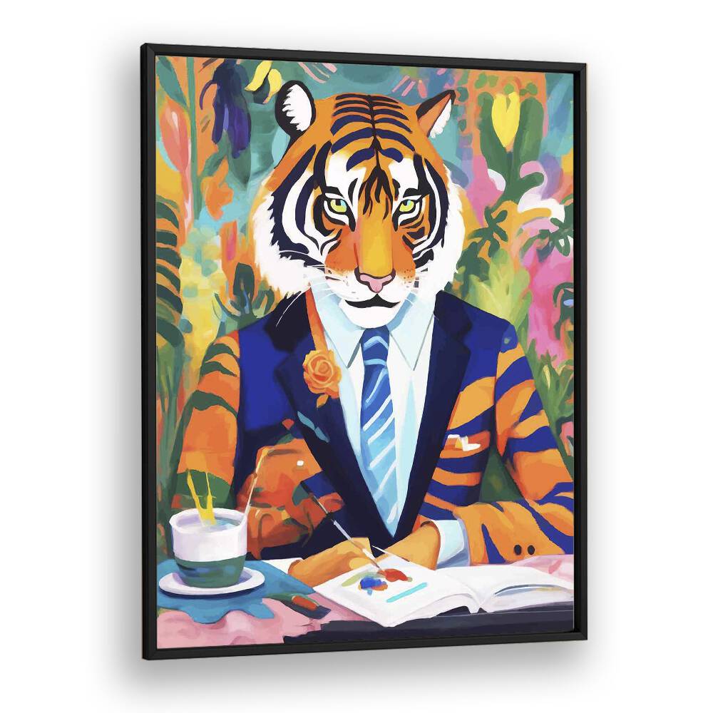 Tiger In A Suit By Uma Gokhale Wildlife Paintings in Black Plain Frame