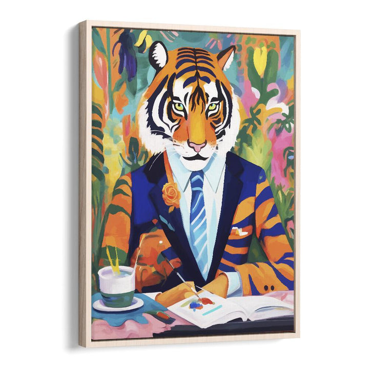 Tiger In A Suit By Uma Gokhale Wildlife Paintings in Oak Wood Floater Frame