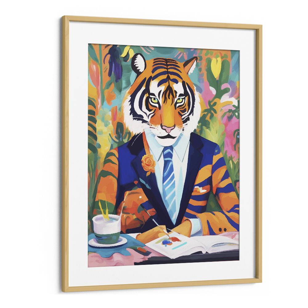 Tiger In A Suit By Uma Gokhale Wildlife Paintings in Oak Wood Frame With Mount