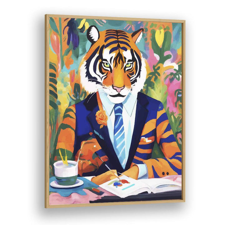 Tiger In A Suit By Uma Gokhale Wildlife Paintings in Oak Wood Plain Frame