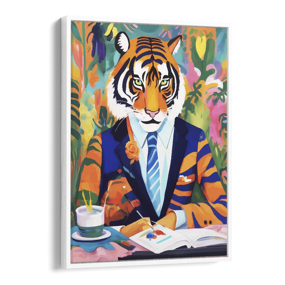 Tiger In A Suit By Uma Gokhale Wildlife Paintings in White Floater Frame