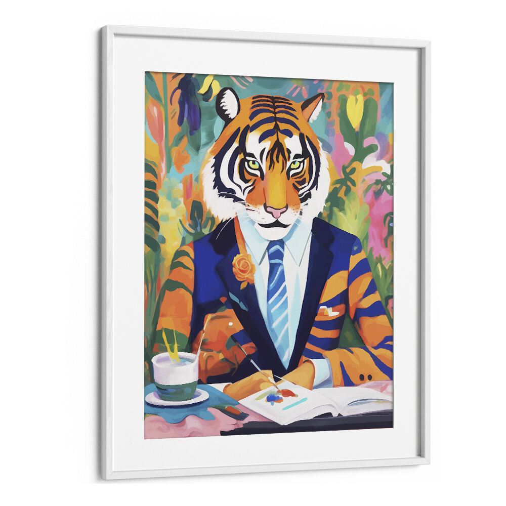 Tiger In A Suit By Uma Gokhale Wildlife Paintings in White Frame With Mount