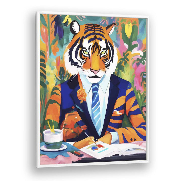 Tiger In A Suit By Uma Gokhale Wildlife Paintings in White Plain Frame