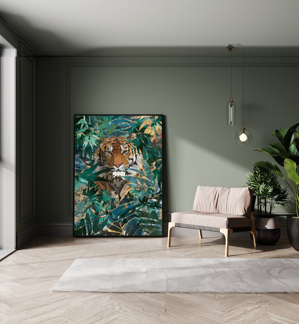 Tiger In The Jungle II By Sarah Manovski Wildlife Art Print placed on wall 