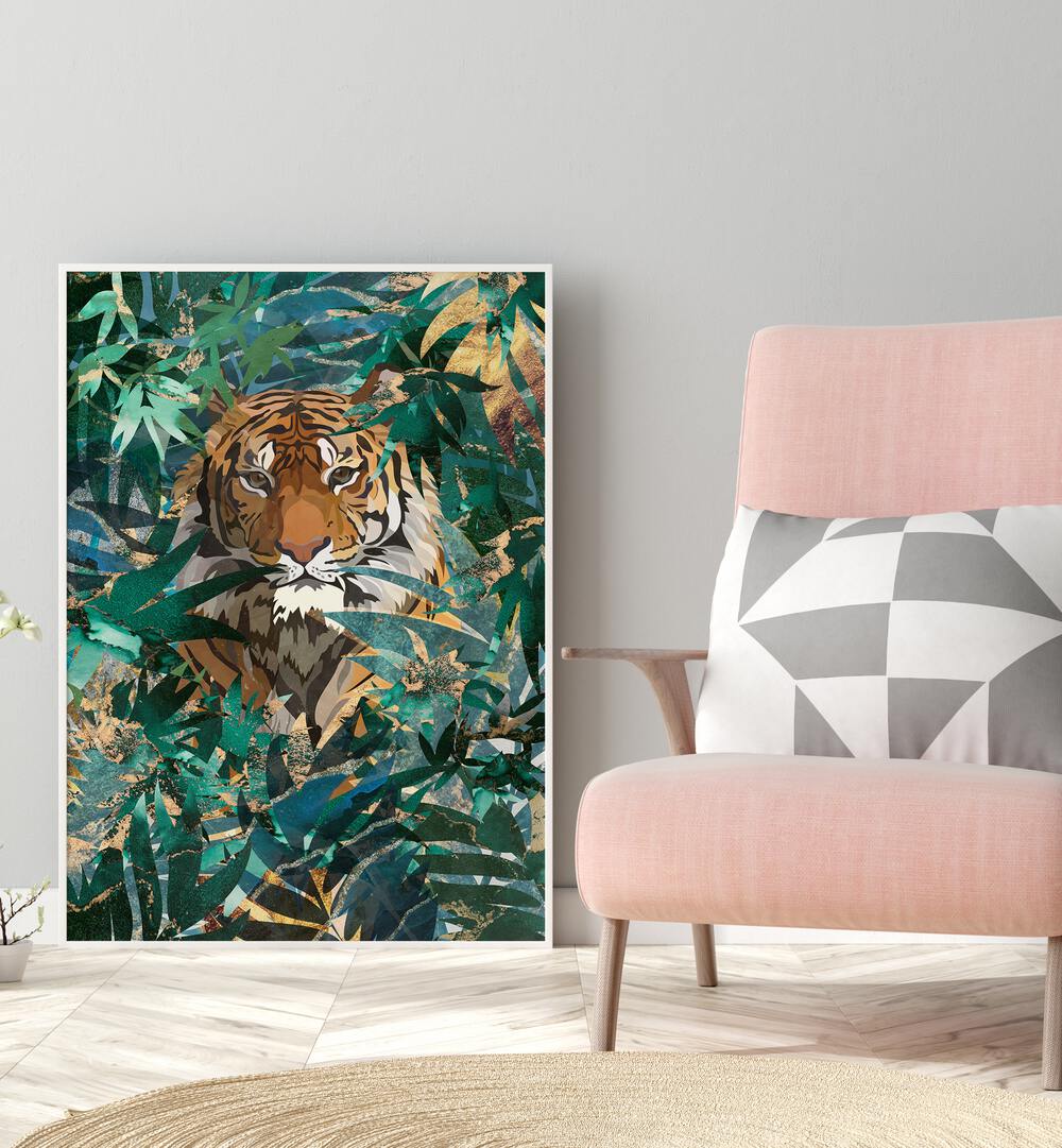 Tiger In The Jungle II By Sarah Manovski Wildlife Art Print placed on wall near pink sofa 