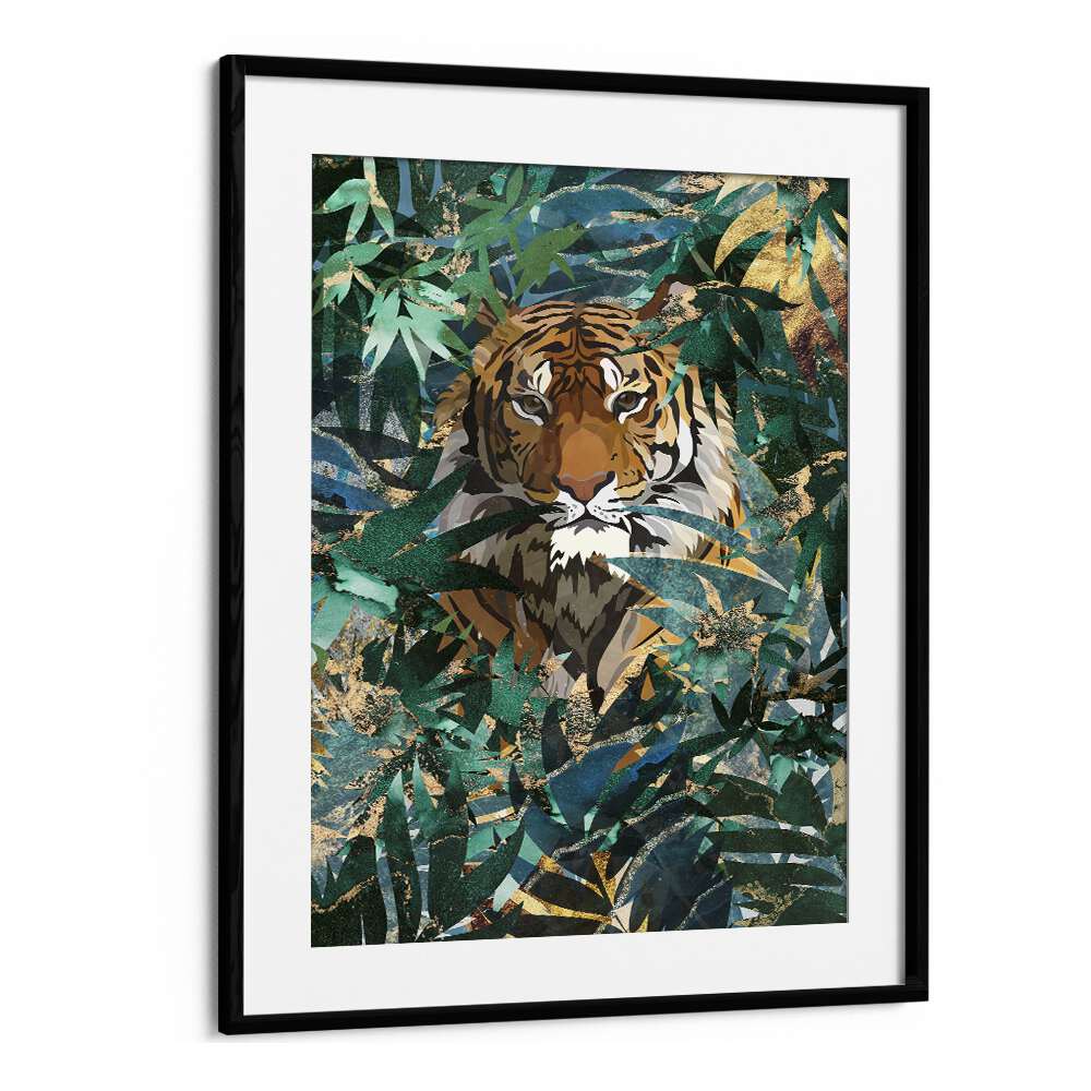 Tiger In The Jungle II By Sarah Manovski Wildlife Art Print in Black Frame With Mount