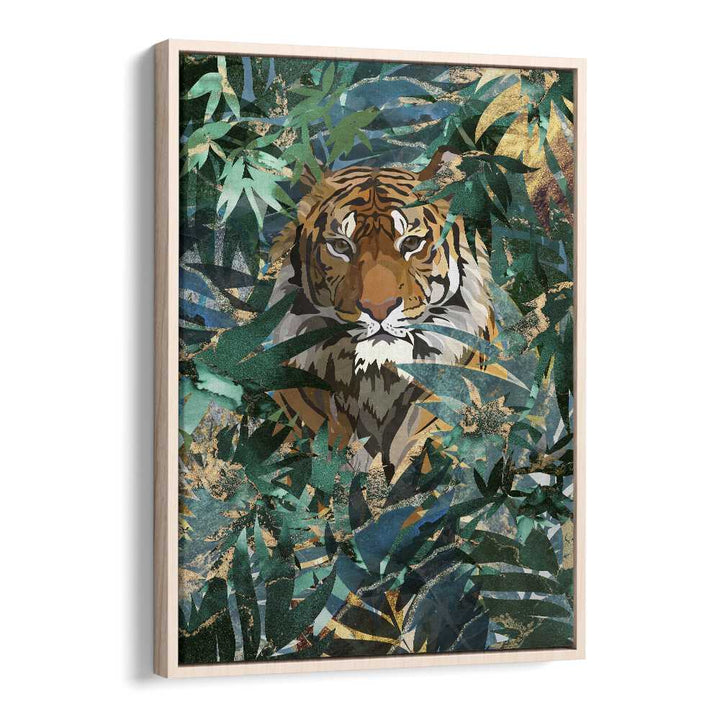 Tiger In The Jungle II By Sarah Manovski Wildlife Art Print in Oak Wood Floater Frame