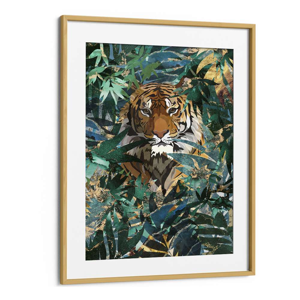 Tiger In The Jungle II By Sarah Manovski Wildlife Art Print in Oak Wood Frame With Mount