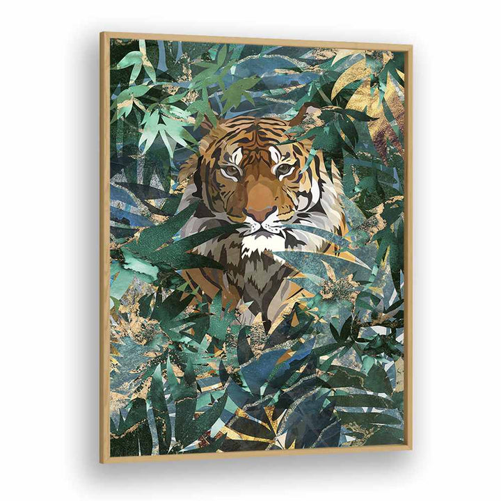 Tiger In The Jungle II By Sarah Manovski Wildlife Art Print in Oak Wood Plain Frame