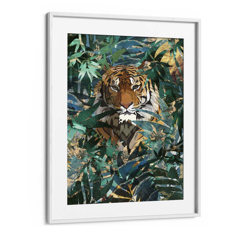 Tiger In The Jungle II By Sarah Manovski Wildlife Art Print in White Frame With Mount