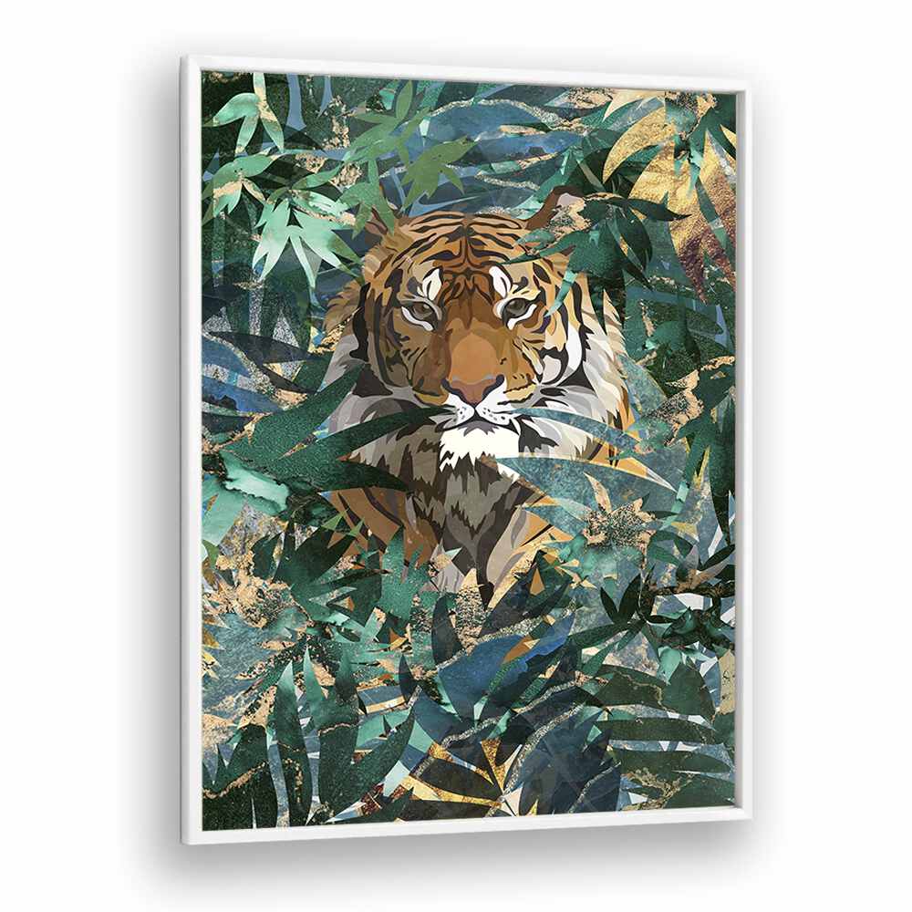 Tiger In The Jungle II By Sarah Manovski Wildlife Art Print in White Plain Frame