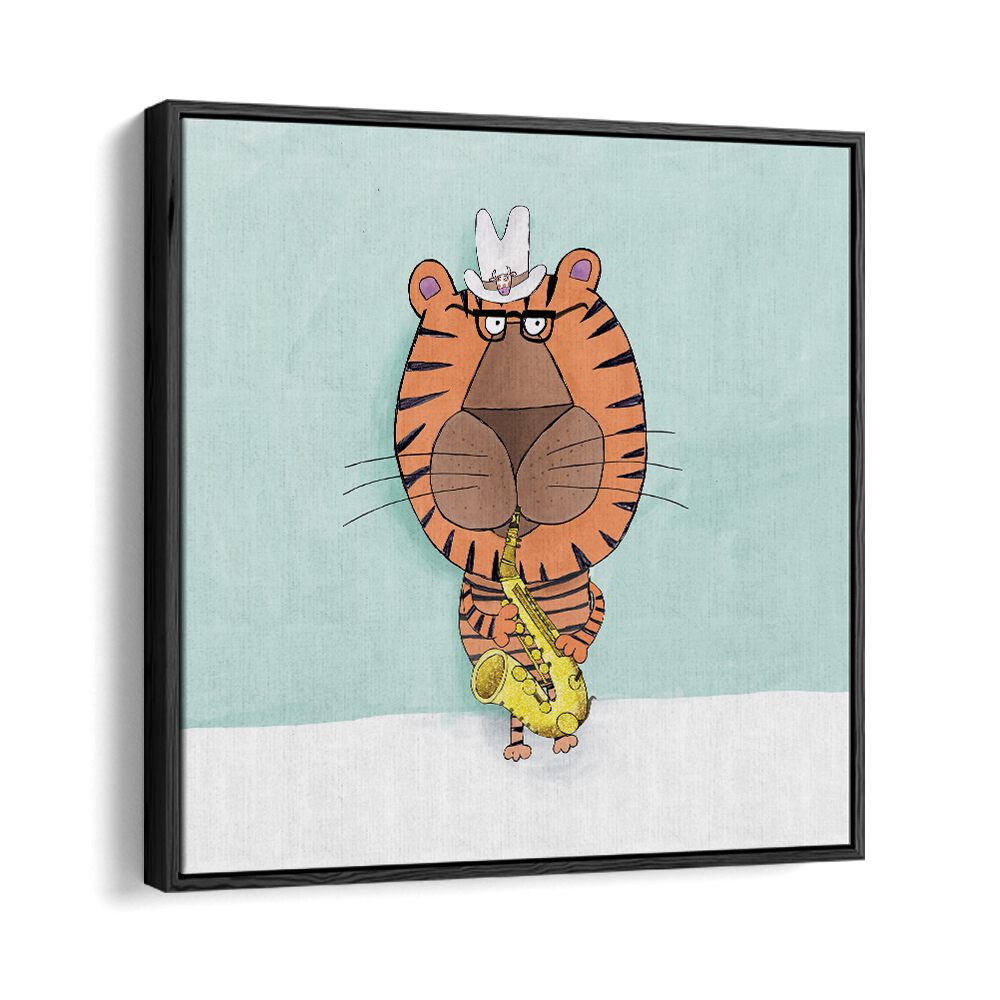 Tiger Saxophone Player With Cowboy Hat By Carla Daly Kids Room Art in Black Floater Frame