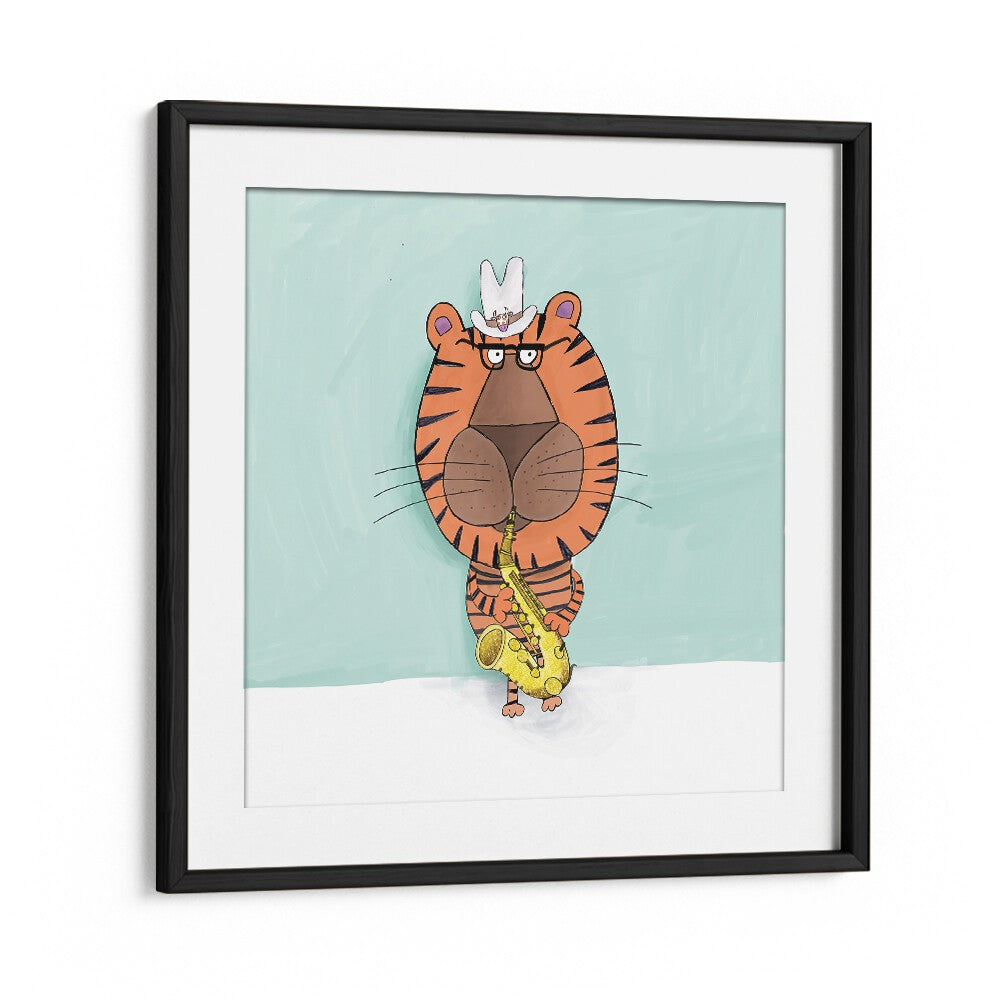 Tiger Saxophone Player With Cowboy Hat By Carla Daly Kids Room Art in Black Frame With Mount