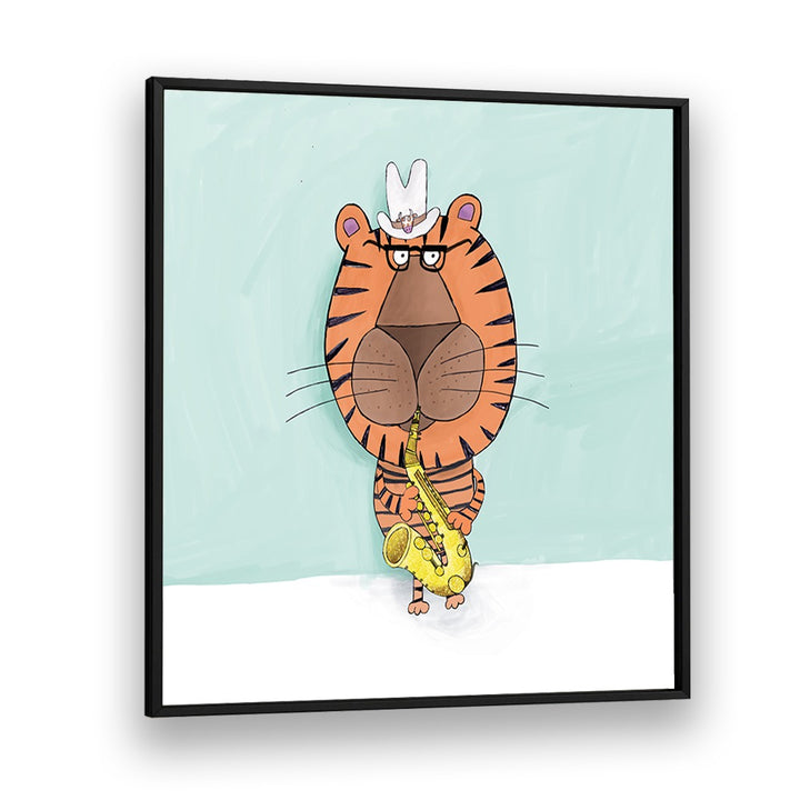 Tiger Saxophone Player With Cowboy Hat By Carla Daly Kids Room Art in Black Plain Frame