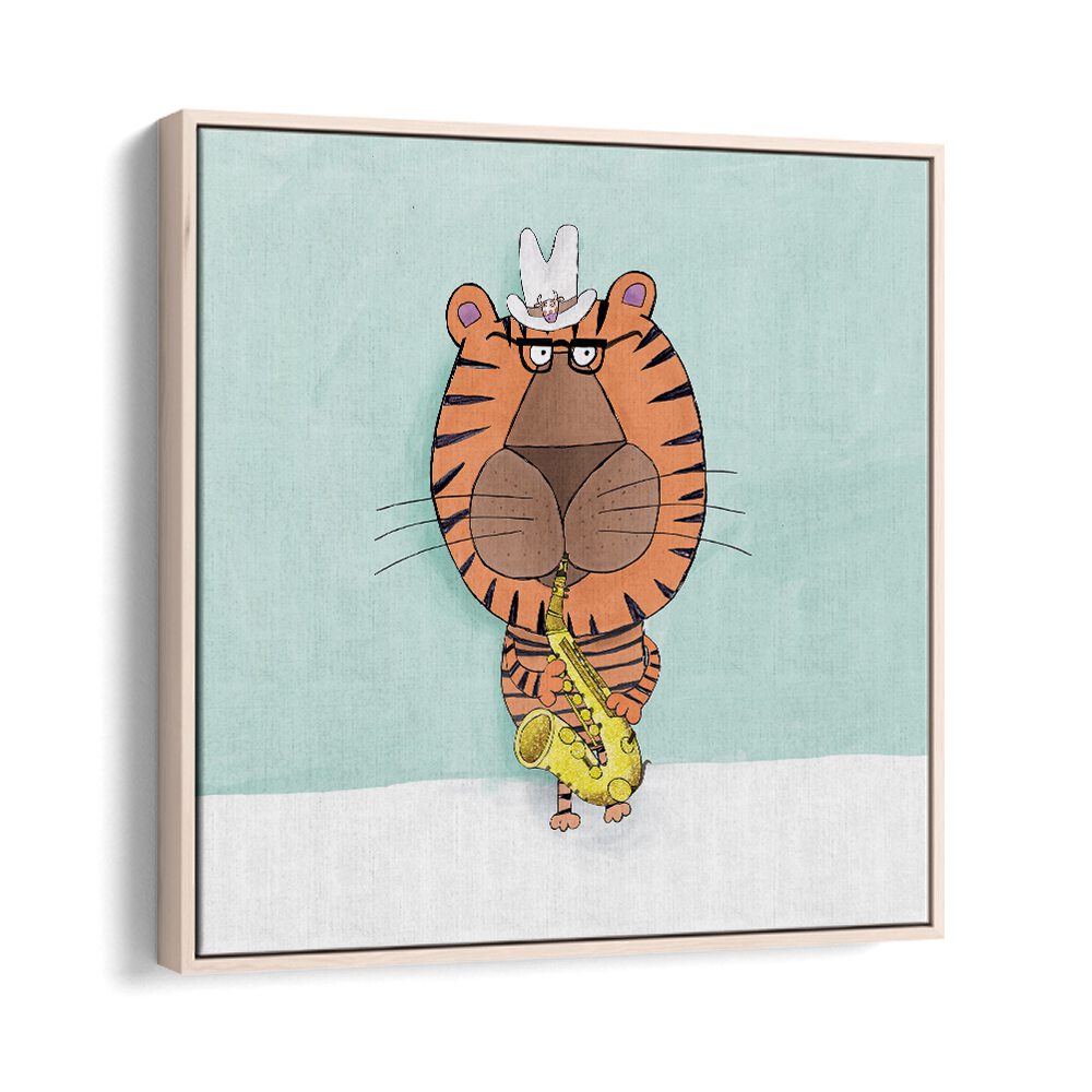 Tiger Saxophone Player With Cowboy Hat By Carla Daly Kids Room Art in Oak Wood Floater Frame