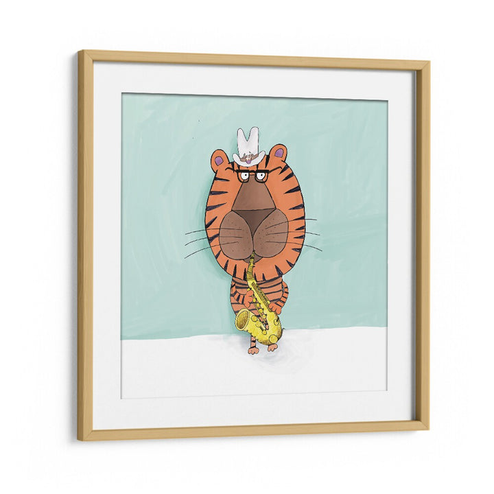 Tiger Saxophone Player With Cowboy Hat By Carla Daly Kids Room Art in Oak Wood Frame With Mount