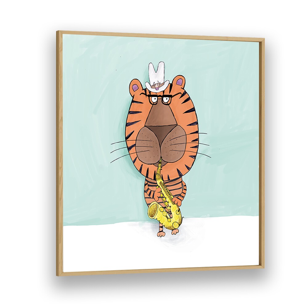 Tiger Saxophone Player With Cowboy Hat By Carla Daly Kids Room Art in Oak Wood Plain Frame