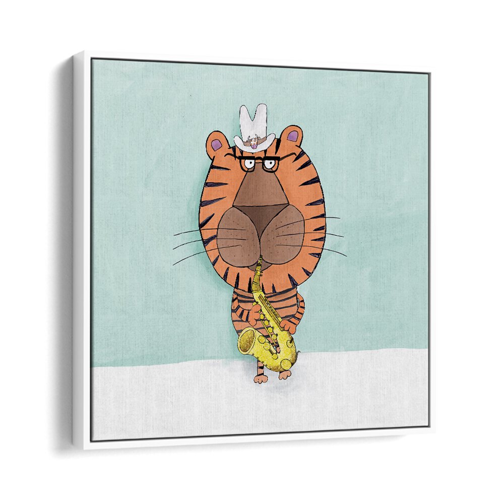 Tiger Saxophone Player With Cowboy Hat By Carla Daly Kids Room Art in White Floater Frame