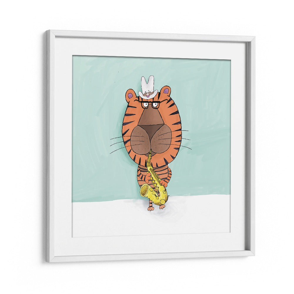 Tiger Saxophone Player With Cowboy Hat By Carla Daly Kids Room Art in White Frame With Mount