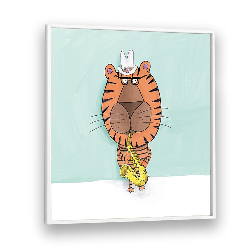 Tiger Saxophone Player With Cowboy Hat By Carla Daly Kids Room Art in White Plain Frame