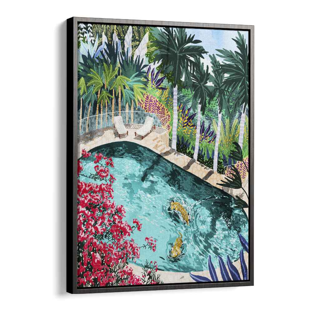 Tiger Tropical Luxury Villa By Uma Gokhale Art Prints in Black Floater Frame