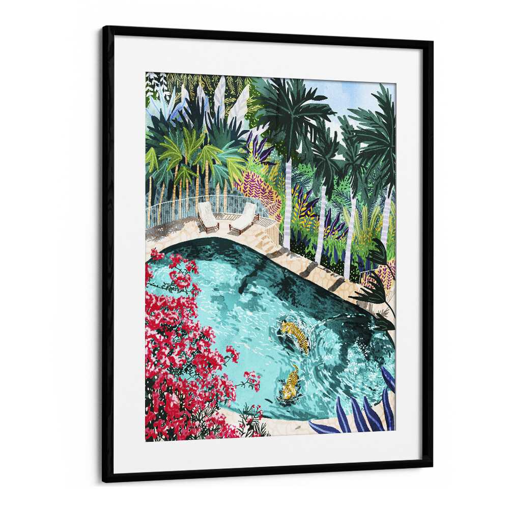 Tiger Tropical Luxury Villa By Uma Gokhale Art Prints in Black Frame With Mount