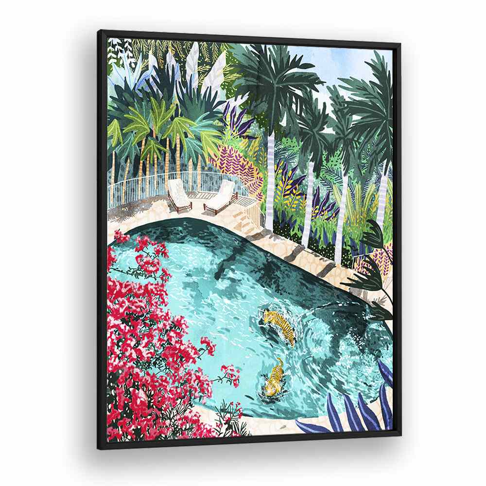 Tiger Tropical Luxury Villa By Uma Gokhale Art Prints in Black Plain Frame