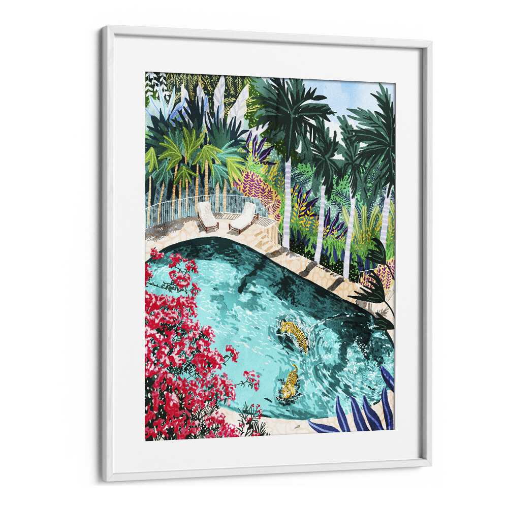 Tiger Tropical Luxury Villa By Uma Gokhale Art Prints in White Frame With Mount