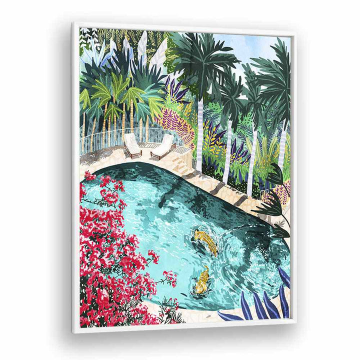 Tiger Tropical Luxury Villa By Uma Gokhale Art Prints in White Plain Frame