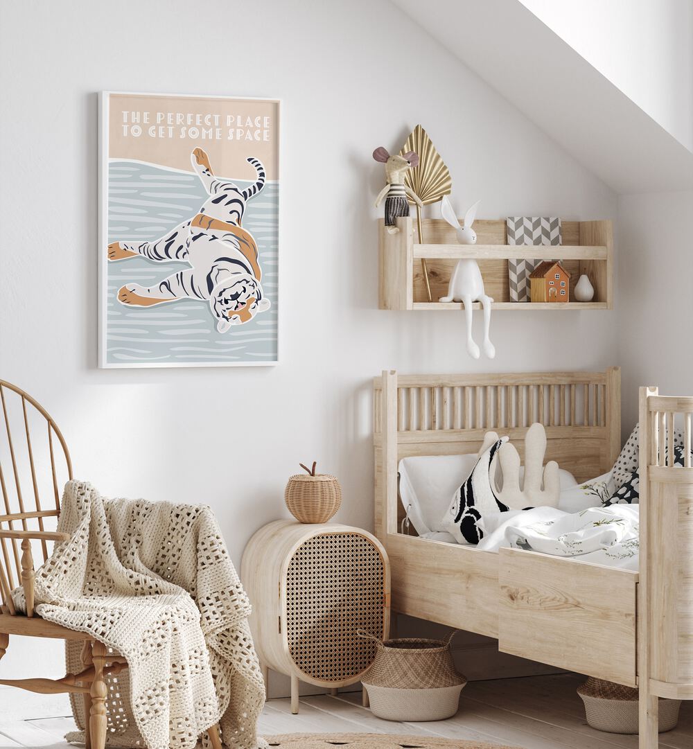 Tiger Typography Kids Quote By Sarah Manovski Kids Art Paintings in White Plain Frame placed on a wall beside an kids bed for kids room