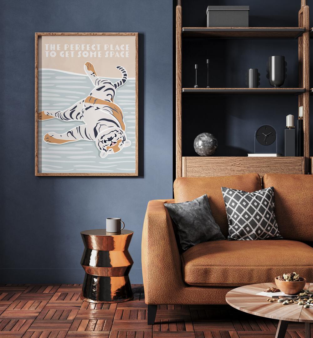 Tiger Typography Kids Quote By Sarah Manovski Kids Art Paintings in Oak Wood Plain Frame placed on a wall beside an orange sofa