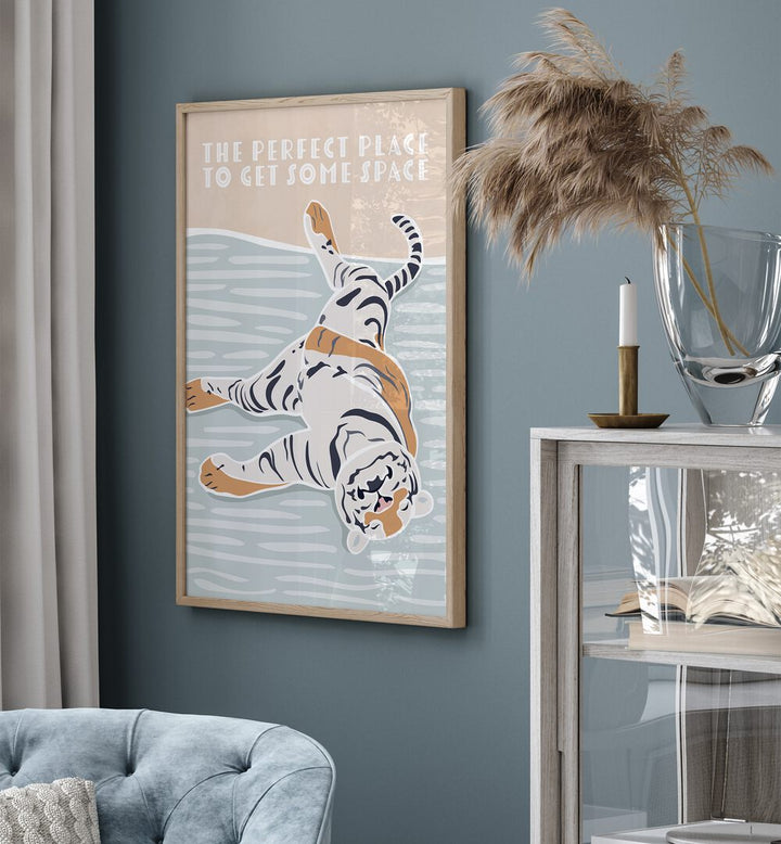 Tiger Typography Kids Quote By Sarah Manovski Kids Art Paintings in Oak Wood Plain Frame placed on a wall behind a sofa