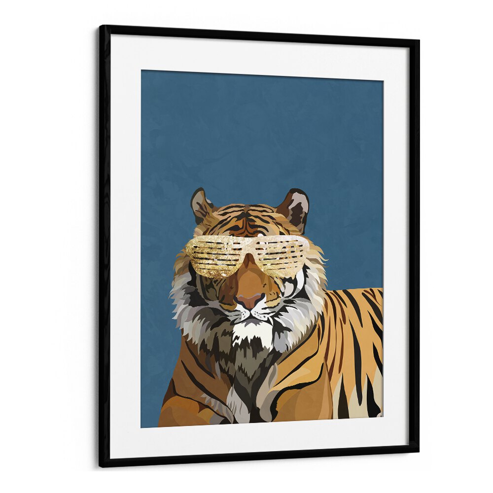 Tiger With Glasses By Sarah Manovski Wildlife Art Print in Black Frame With Mount