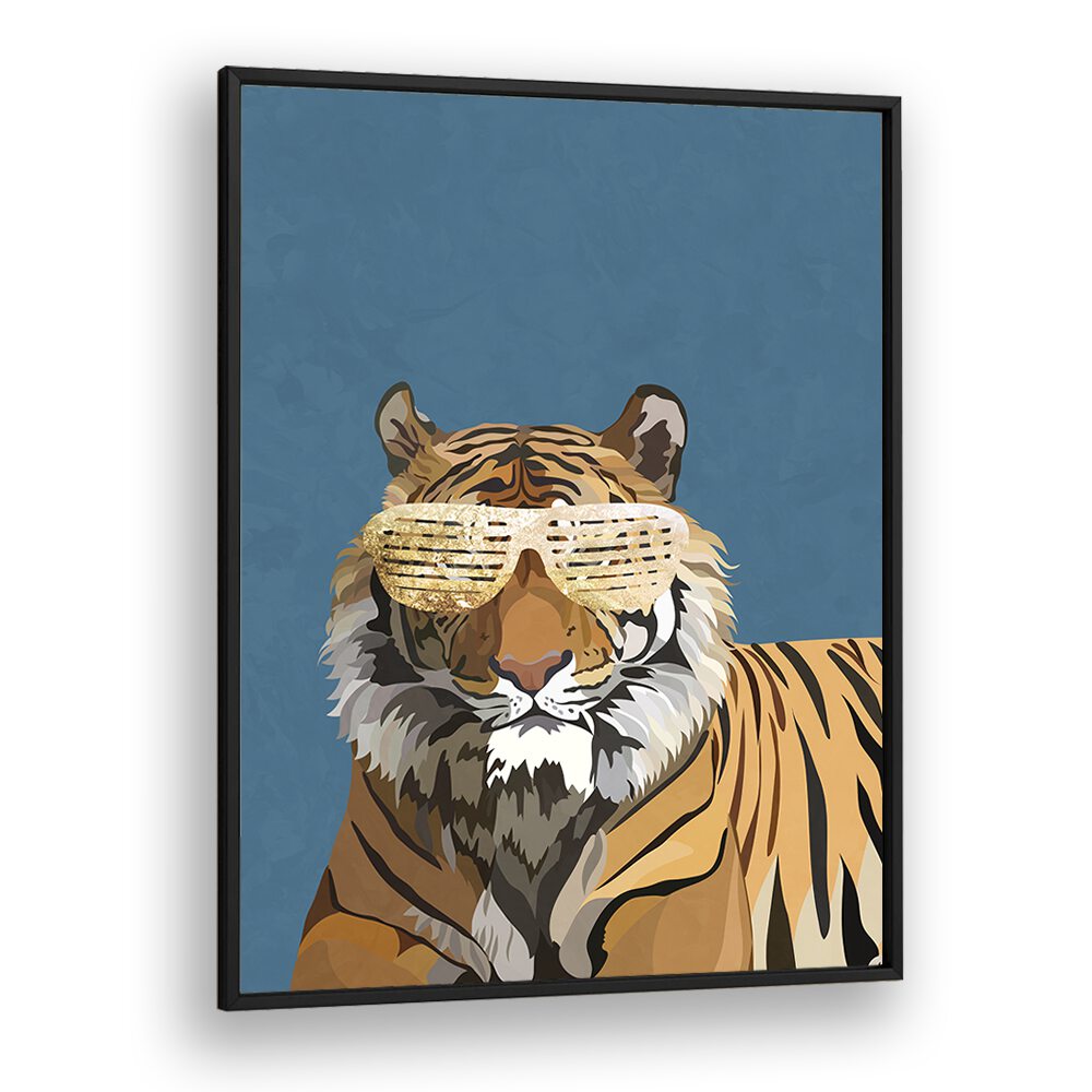 Tiger With Glasses By Sarah Manovski Wildlife Art Print in Black Plain Frame