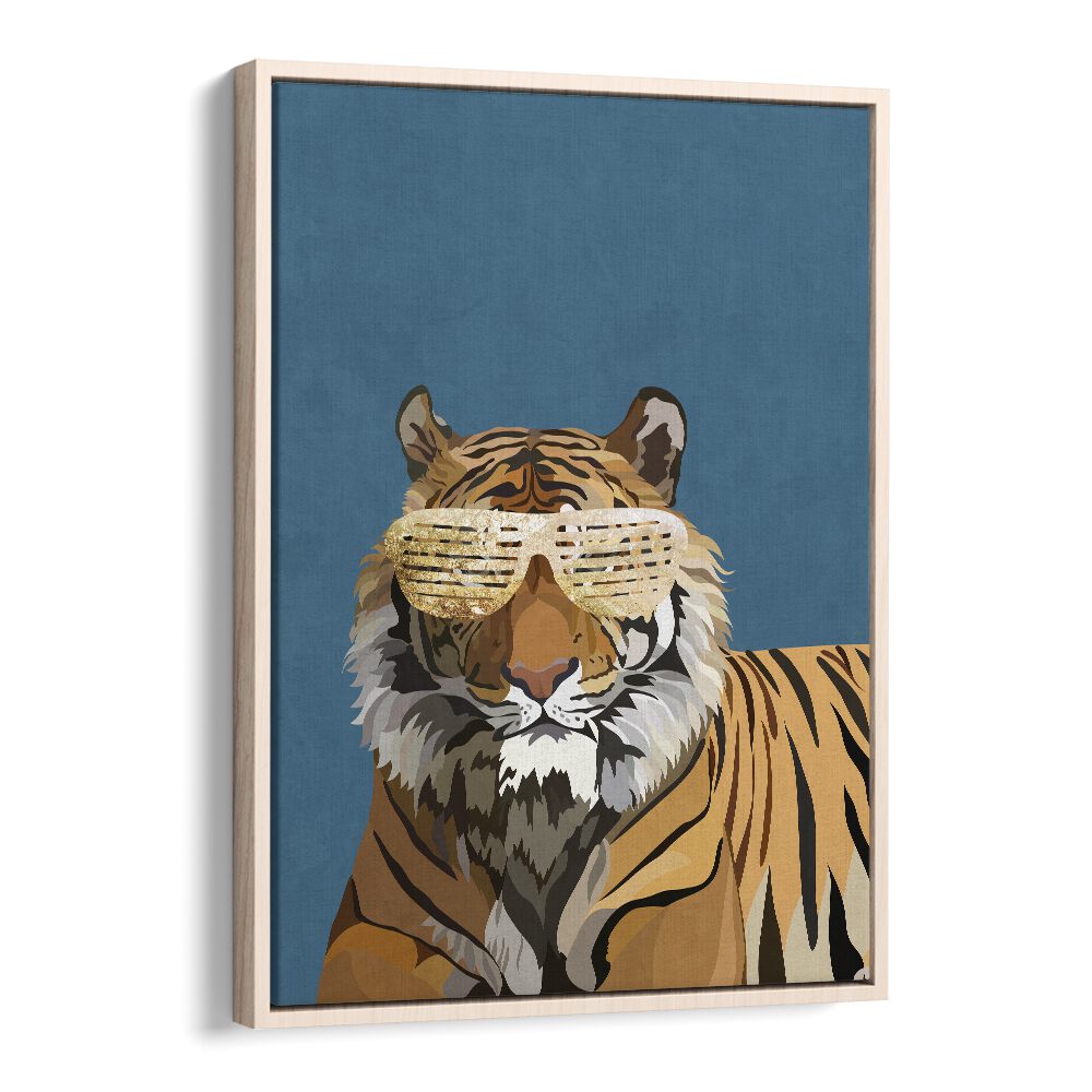 Tiger With Glasses By Sarah Manovski Wildlife Art Print in Oak Wood Floater Frame