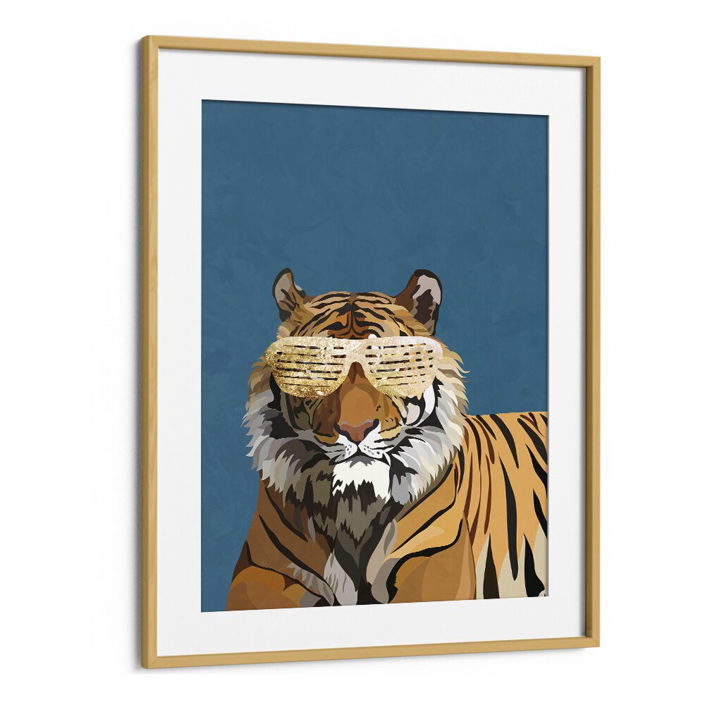 Tiger With Glasses By Sarah Manovski Wildlife Art Print in Oak Wood Frame With Mount