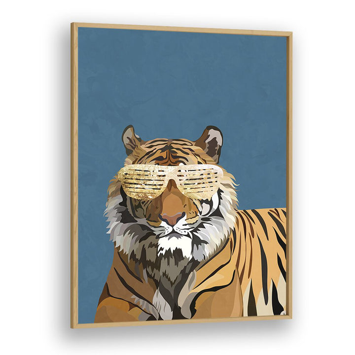 Tiger With Glasses By Sarah Manovski Wildlife Art Print in Oak Wood Plain Frame