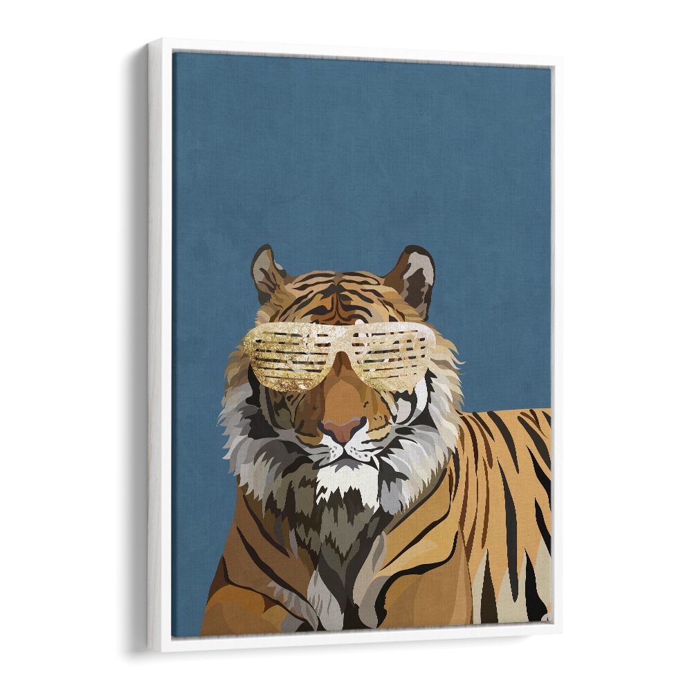 Tiger With Glasses By Sarah Manovski Wildlife Art Print in White Floater Frame