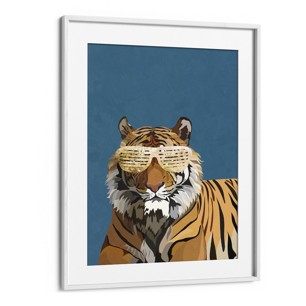 Tiger With Glasses By Sarah Manovski Wildlife Art Print in White Frame With Mount